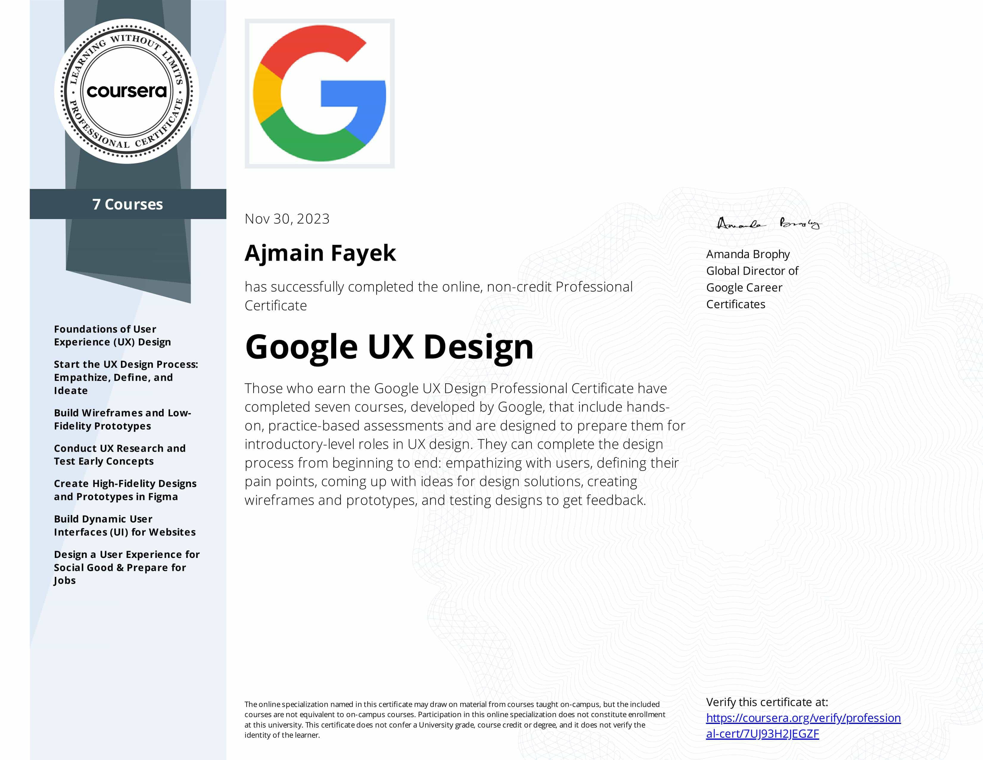 Ajmain Fayek is certified designer by Google in UX design.