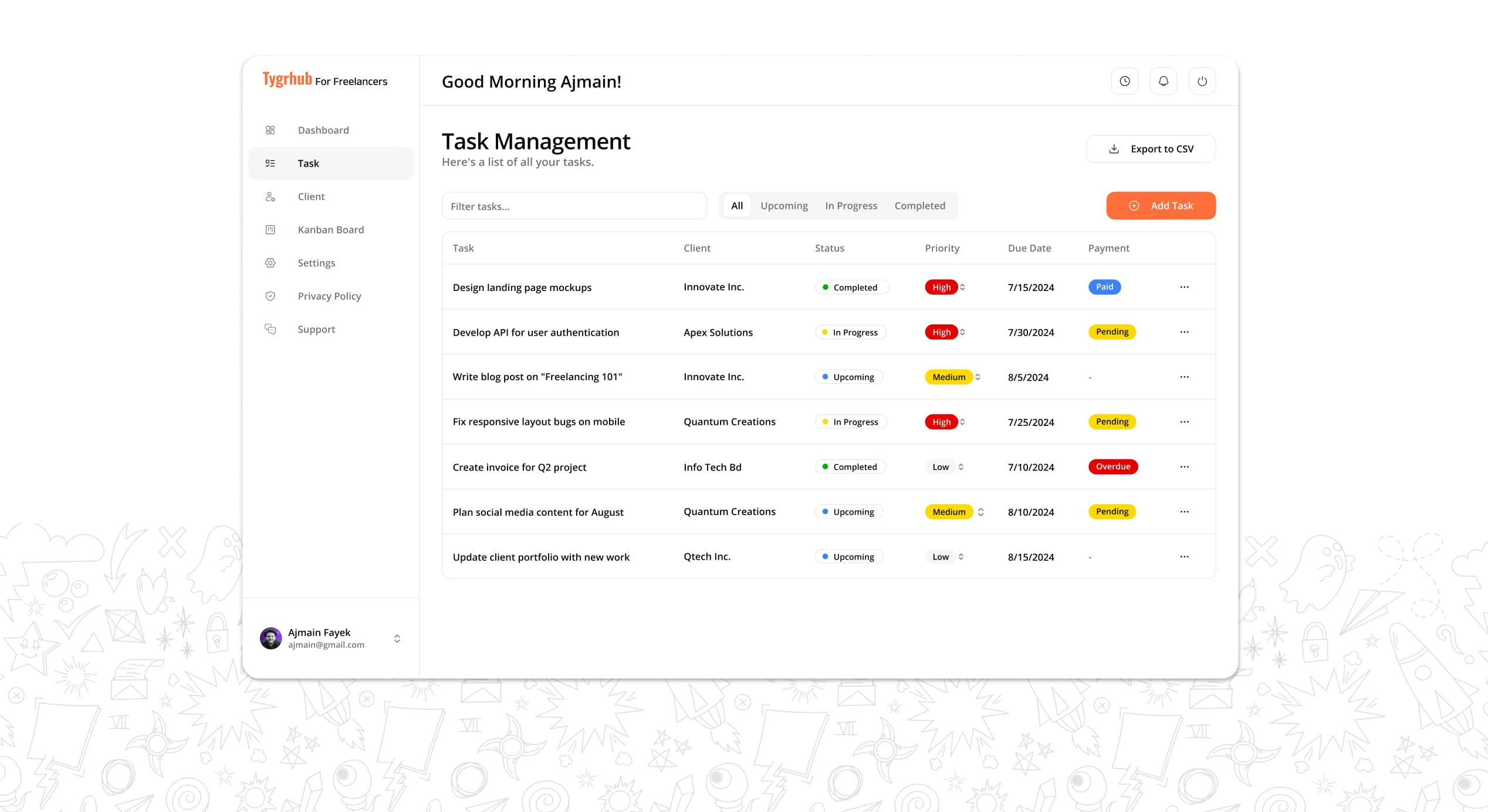Project management dashboard UI with task lists, progress bars, and team performance analytics.