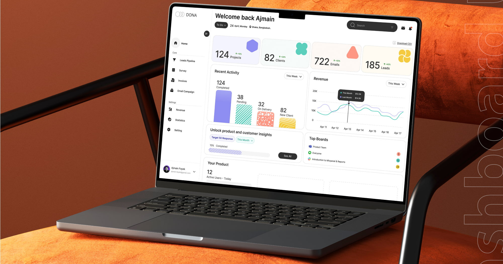 Finance dashboard interface showing revenue charts, expense summaries, and real-time account balances.
