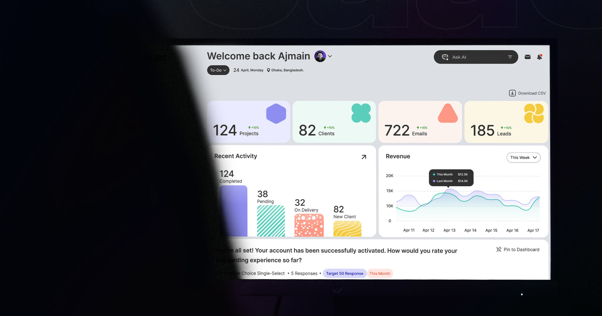 Finance dashboard interface showing revenue charts, expense summaries, and real-time account balances.