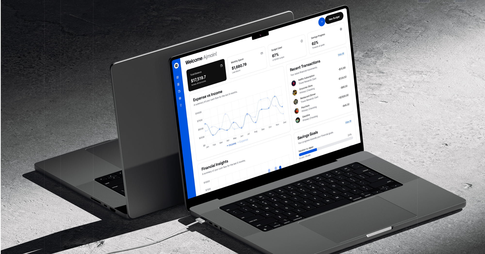 Finance dashboard interface showing revenue charts, expense summaries, and real-time account balances.